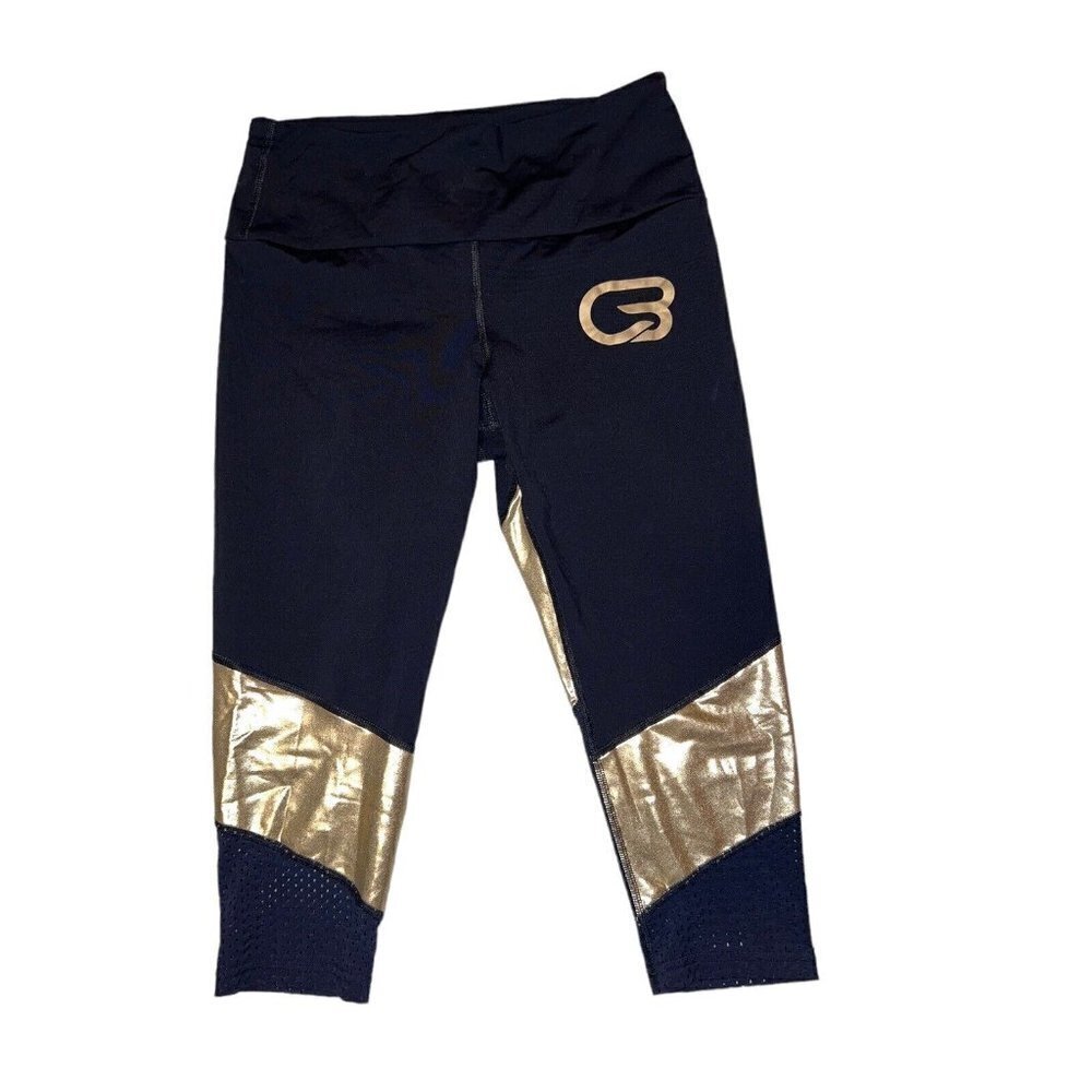 PHEEL Cyclebar Black & Gold Capri Athletic Leggings Sz L Made in USA